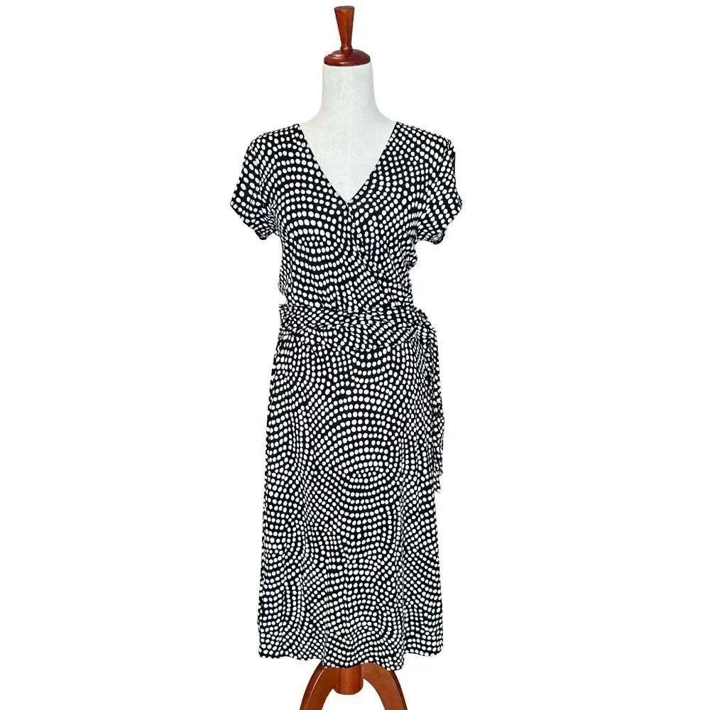 Talbots Short Sleeve Midi Faux Wrap Belted Pattern Dress Black & White 10P
